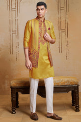 Yellow Silk Embroidered Kurta Pajama with Jacket